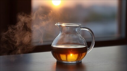 A clear glass pitcher of hot steaming liquid sits on a table by a window illuminated by the warm glow of a setting sun