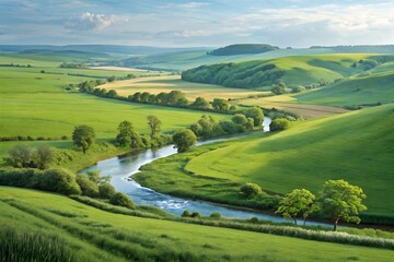 Obraz premium Winding river flowing through lush, terraced green fields and rolling hills with a small farmstead and a flock of birds flying overhead at sunset.