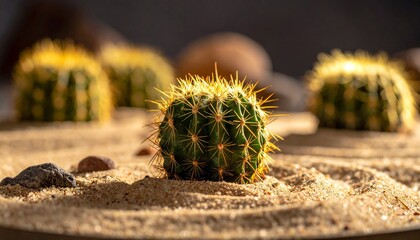 Green Cactus Illuminated by Sunlight in Sandy Desert with Blurred Background and Natural Rocks