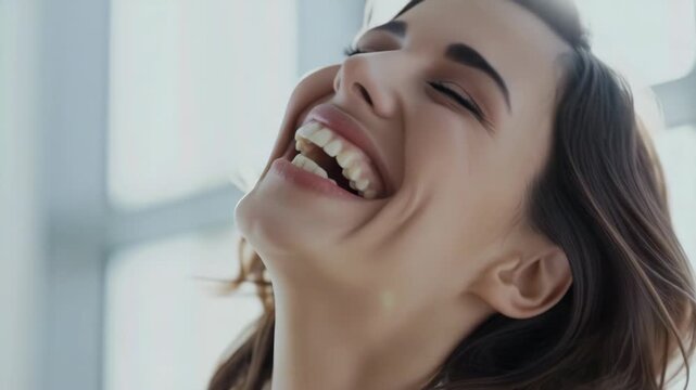 A woman laughing heartily with a genuine smile and closed eyes, expressing happiness and joy.