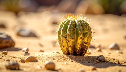 Green Cactus Illuminated by Sunlight in Sandy Desert with Blurred Background and Natural Rocks