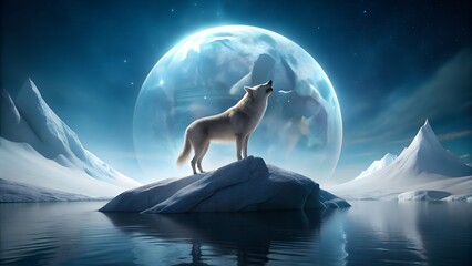 Lone wolf howling at the moon in a snowy landscape with water reflection and starry night sky