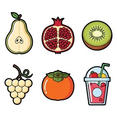 Colorful cartoon fruit icon set with pear, pomegranate, kiwi, grapes, persimmon, and a smoothie.