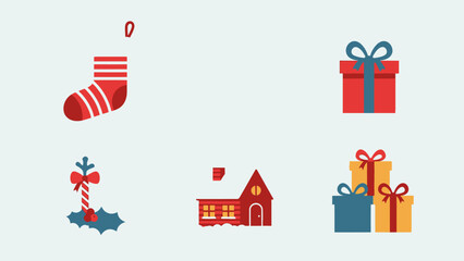 Fototapeta premium A collection of six flat design Christmas icons including a stocking, gifts, candy cane, and a house.
