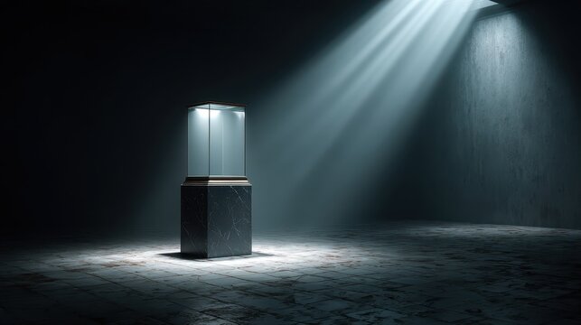 A glass display case sits on a marble pedestal in a dark room. It can highlight a valuable product, concept, or historical artifact.