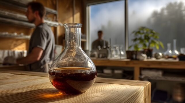 A glass flask containing amber liquid sits on a wooden table in a laboratory with foggy landscape visible through the window