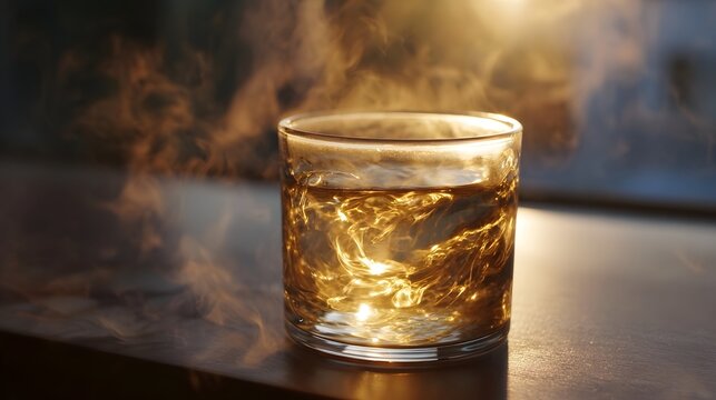 Steaming glass of golden liquid with swirling vapor illuminated by warm light