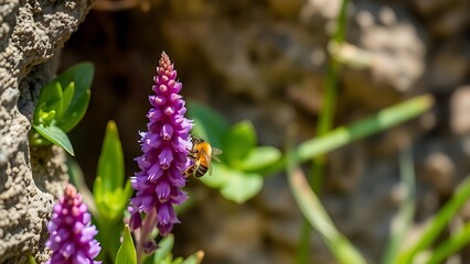hyssop. Close-up of purple hyssop flowers in a rocky crevice with a bee collecting pollen in sunlight. gardening catalogs, home-decor guides, designed for home decor and floral branding.