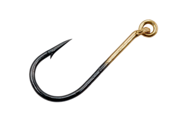 Single fishing hook with black and gold metal finish on black background sharp point, Isolated On Transparent Background, Png Cut Out