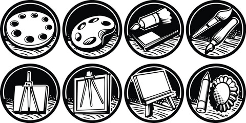 Set of eight black and white circular icons representing various art and painting supplies and tools