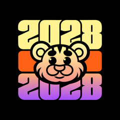 Cartoon tiger face above 2028 year numbers mascot animal