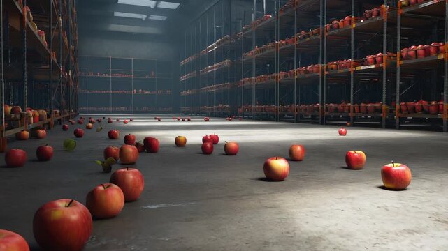 Fallen Red Apples Scattered on Warehouse Floor with Full Shelves - Food Waste and Storage Concerns
