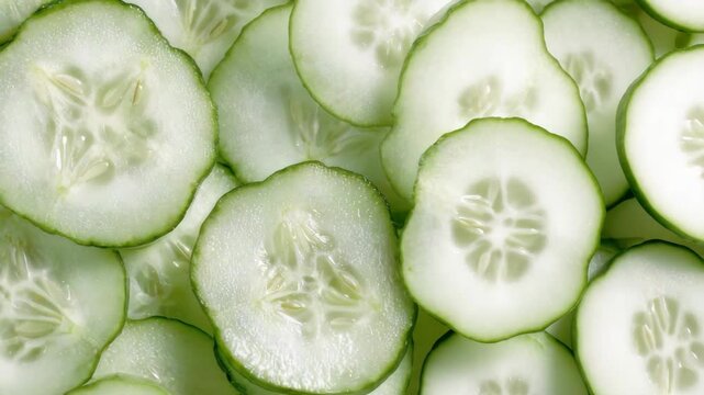 Overhead Close Up of Sliced Green Cucumbers with Visible Seeds and Texture Displaying Freshness and Natural Light Against a White Background Creating a Clean Aesthetic