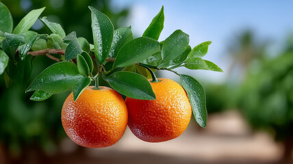Fresh oranges grow on tree branch in lush orchard. Bright sky and green leaves create vibrant atmosphere. Concept of agriculture, healthy eating, organic farming