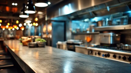 Professional kitchen interior with stainless steel appliances and counter. Perfect for blog or website about food preparation and recipes.