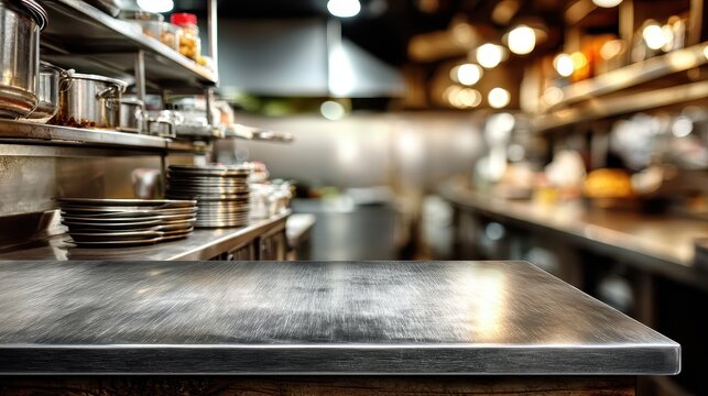 Metal counter with blurred kitchen background, empty for product display. It is suitable for food product mockups or culinary related advertisements.