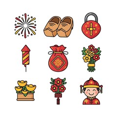 Colorful Chinese New Year Icon Collection with Fireworks, Money Bag, and Traditional Elements