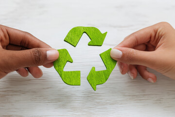 Circular economy business concept with two diverse hands holding green recycling symbol together on light wooden table promoting sustainability and environmental responsibility