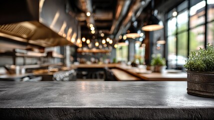 Obraz premium Stone countertop in a blurred restaurant kitchen, modern and clean. Perfect as mockup, or to show recipes, drinks, and restaurant specials.