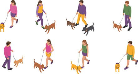 Isometric illustration set showing diverse people walking dogs on leashes, outdoor pet walking activity, characters strolling with pets in various poses