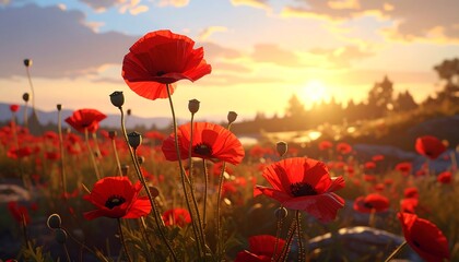 Fototapeta premium Poppy Field Sunset Landscape.