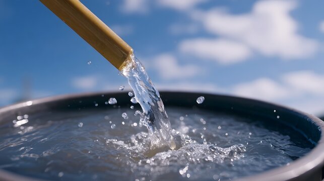 Clear water pours from a bamboo spout into a large container creating splashes under a bright blue sky with clouds