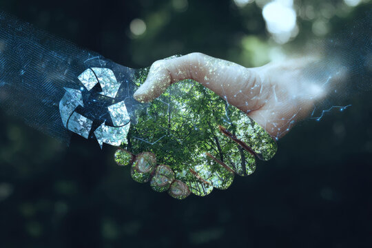 Circular economy concept with business handshake blending nature and digital recycling symbol, representing sustainable partnership, environmental responsibility and green innovation modern