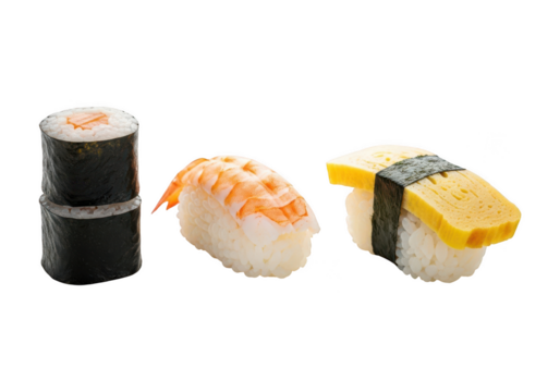 Assortment of sushi pieces including maki, nigiri with shrimp, and tamago isolated on transparent background - Powered by Adobe