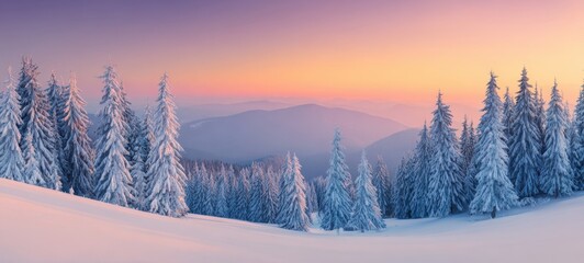 The Snow-Covered Pine Forest Blanketed in Dawn's Pastel Light Across Rolling Mountain Slopes