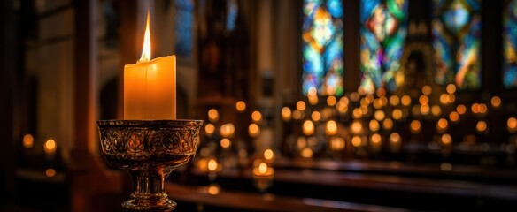 The Candle in Ornate Chalice Casting Warm Light Across Quiet Historic Church Interior