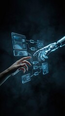 Human and robot hands connecting with digital interface elements