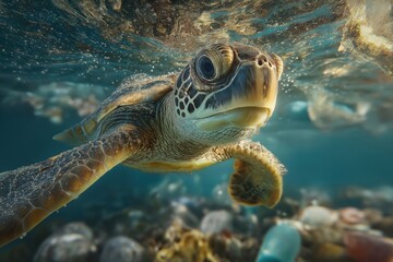Fototapeta premium Majestic sea turtle swimming through polluted ocean waters, a poignant visual for environmental campaigns and conservation efforts, powerfully emotive and impactful