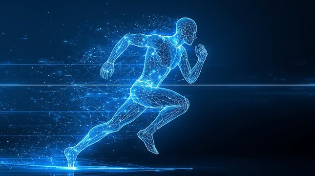 Digital runner wireframe glowing blue network background