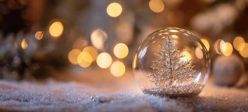The Snow Globe with Silver Tree on Frosty Surface and Bokeh Holiday Lights