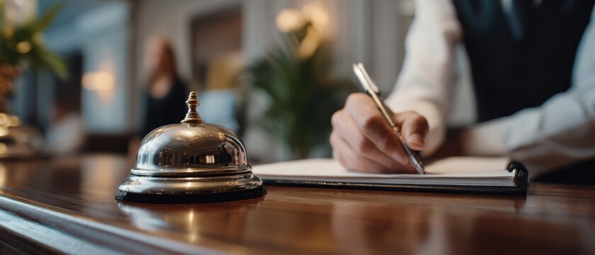 The service bell on a hotel reception desk with staff checking in guests