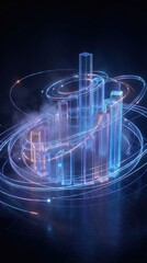 Abstract 3D render of data visualization with glowing lines and bar graphs