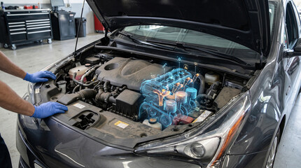 Fototapeta premium Car engine with augmented reality overlay in a modern auto repair shop