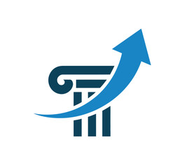 A Greek column symbolizes stability and progress as a blue arrow curves upwards, indicating growth and success in a business context.