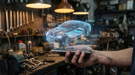Mechanic using augmented reality to diagnose car problems in a workshop