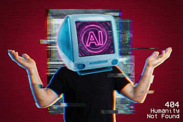 AI-headed figure with open arms and a glitch effect on a red background