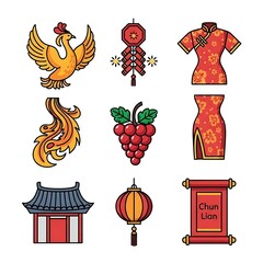 Colorful collection of traditional Chinese cultural icons for Lunar New Year celebration.