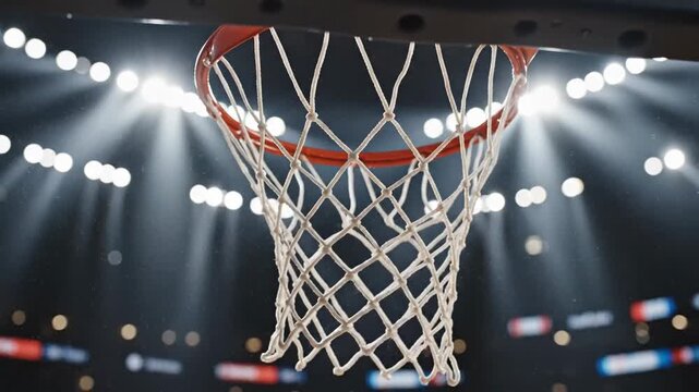 Close up of an orange basketball swishing through a net in a brightly lit stadium during a game with spectators blurred in the background and dust particles in the air creating a dramatic atmosphere