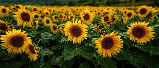 The Sunflower Field Stretching Under a Golden Sky at Distant Tree Line