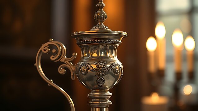 flagon. Ornate silver flagon reflecting candlelight with slight tilt, warm golden tones. bar promotions, beverage menus, designed for food & beverage menus and cafe branding.