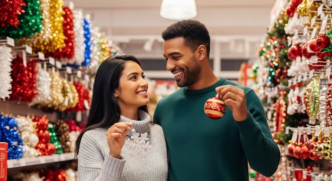 Happy diverse couple selecting colorful ornaments while Christmas shopping in a store.