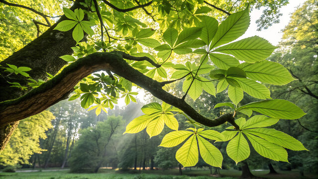 Horse Chestnut Tree Branch with Green Leaves Backlit by Sun