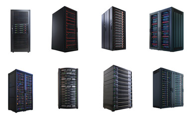 Collection of server unit with a front panel displaying diagnostic information and status lights. full length isolate on transparent background