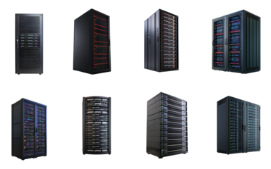 Collection of server unit with a front panel displaying diagnostic information and status lights. full length isolate on transparent background