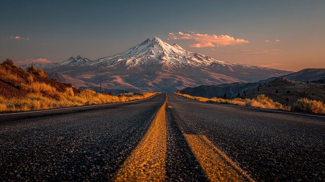 Highway leading to a snow-capped mountain during a beautiful sunset. Perfect for travel blogs, adventure websites, or nature publications.