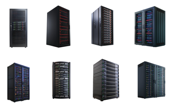 Collection of server unit with a front panel displaying diagnostic information and status lights. full length isolate on transparent background